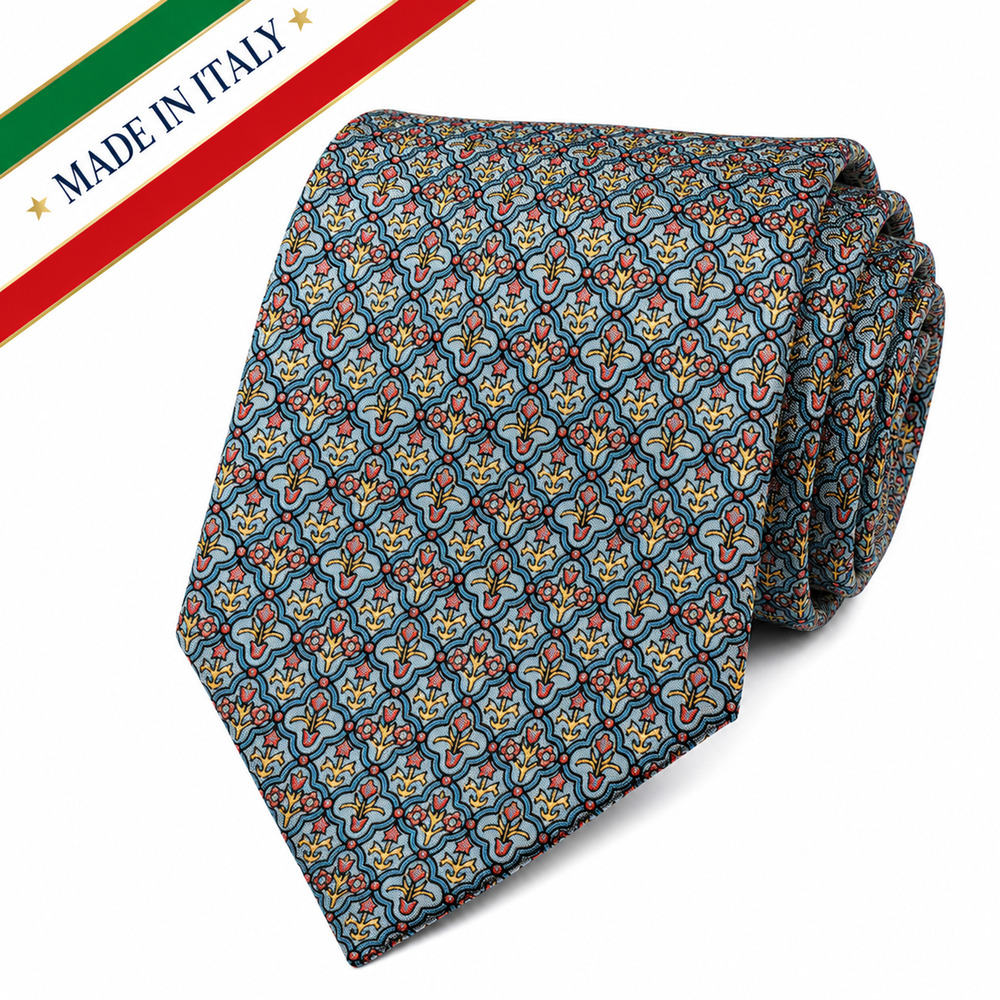 Italian Men's Silk Necktie Blue Gold Medallion Floral Classic Designer Tie MW